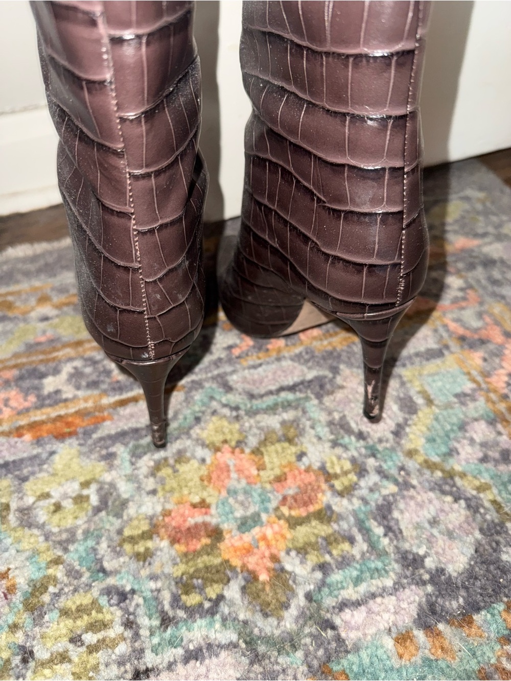 SCHUTZ Croc-Embossed Pointed-Toe Over-the-Knee Boots - Dark Brown - Picture 5 of 6